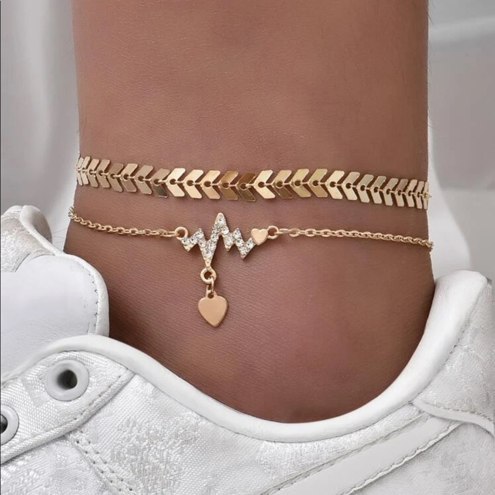 🎉 New Gold Arrow & Heartbeat Anklet Bracelet Set